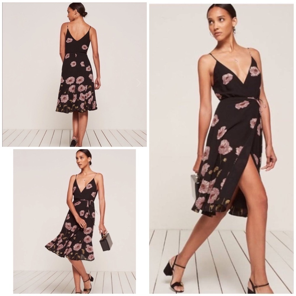 EUC Reformation Floral Pink Poppy Flower Temple Midi Wrap Dress Size '​​​​​